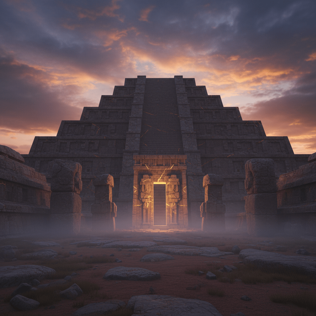 Representación artística de la conexión entre los dioses Anunnaki de Mesopotamia y las pirámides de los Andes según Zecharia Sitchin.