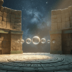 Representación artística de los siete cuerpos celestes antiguos y geometría sagrada bajo un cielo nocturno místico.