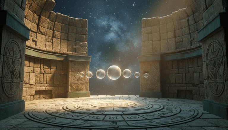 Representación artística de los siete cuerpos celestes antiguos y geometría sagrada bajo un cielo nocturno místico.