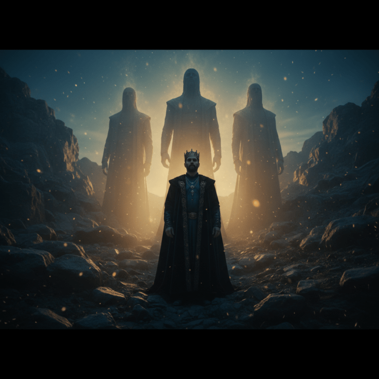 Representación artística de los Nephilim y los Vigilantes en el Monte Hermón, explorando el enigma de la hibridación genética y los linajes sagrados.