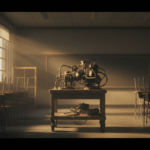 Recreación cinematográfica de un aula de primaria en 1986 durante el incidente de Cokeville, Wyoming, mostrando un artefacto casero central.