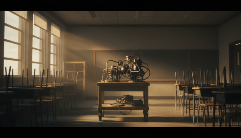 Recreación cinematográfica de un aula de primaria en 1986 durante el incidente de Cokeville, Wyoming, mostrando un artefacto casero central.