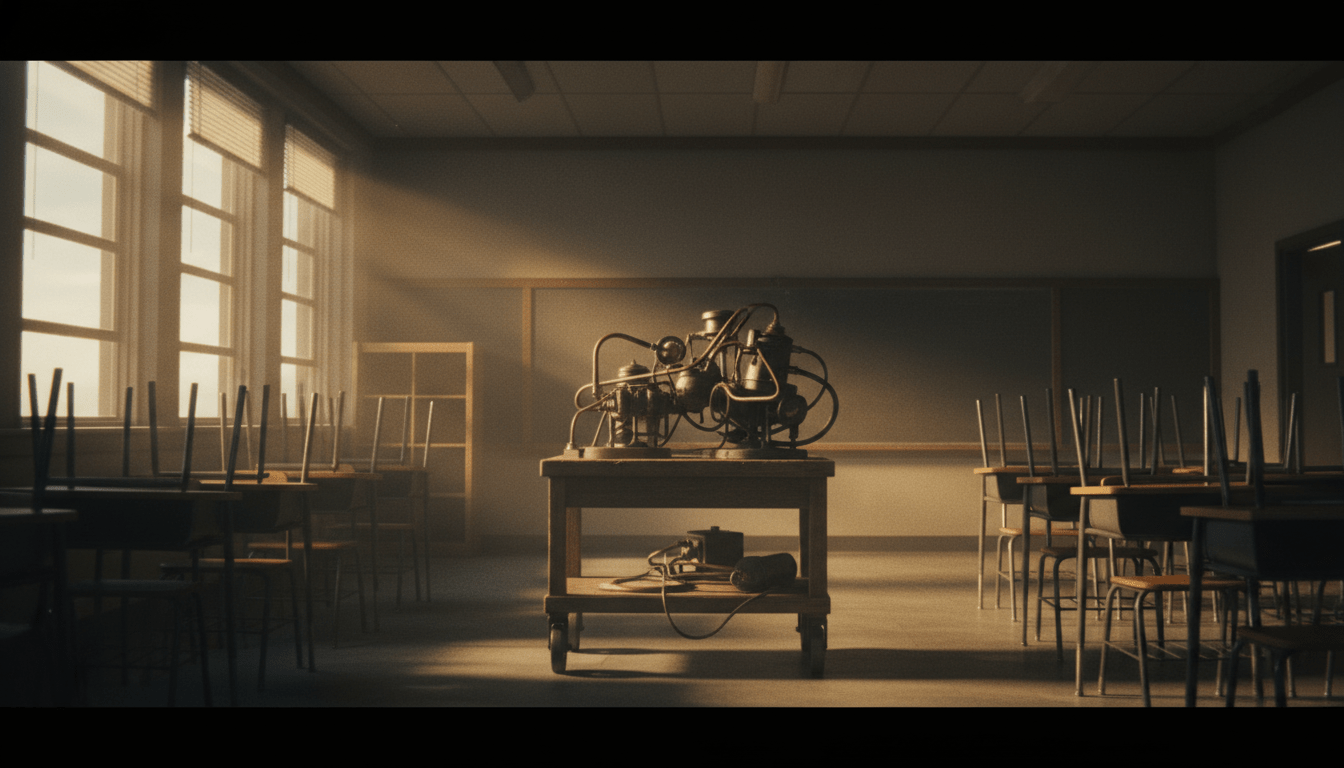 Recreación cinematográfica de un aula de primaria en 1986 durante el incidente de Cokeville, Wyoming, mostrando un artefacto casero central.