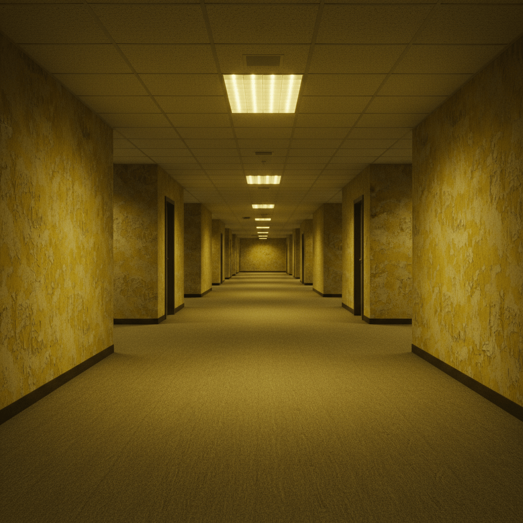 Pasillo infinito de los Backrooms con papel tapiz amarillo y luces fluorescentes, concepto de espacio liminal y terror digital.