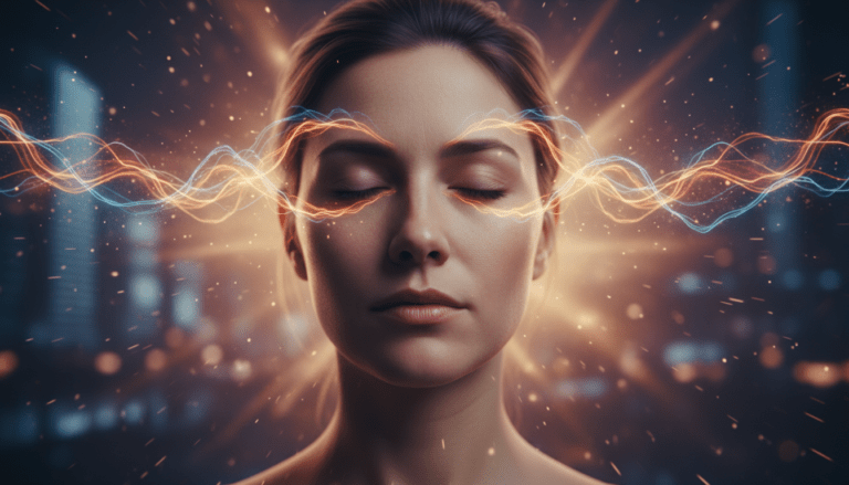 Representación visual del estado alfa y ondas cerebrales mediante una persona meditando con efectos de luz etérea y energía cognitiva.