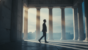 Representación visual del estoicismo y la dicotomía del control con un hombre sereno entre columnas griegas clásicas y luces modernas.