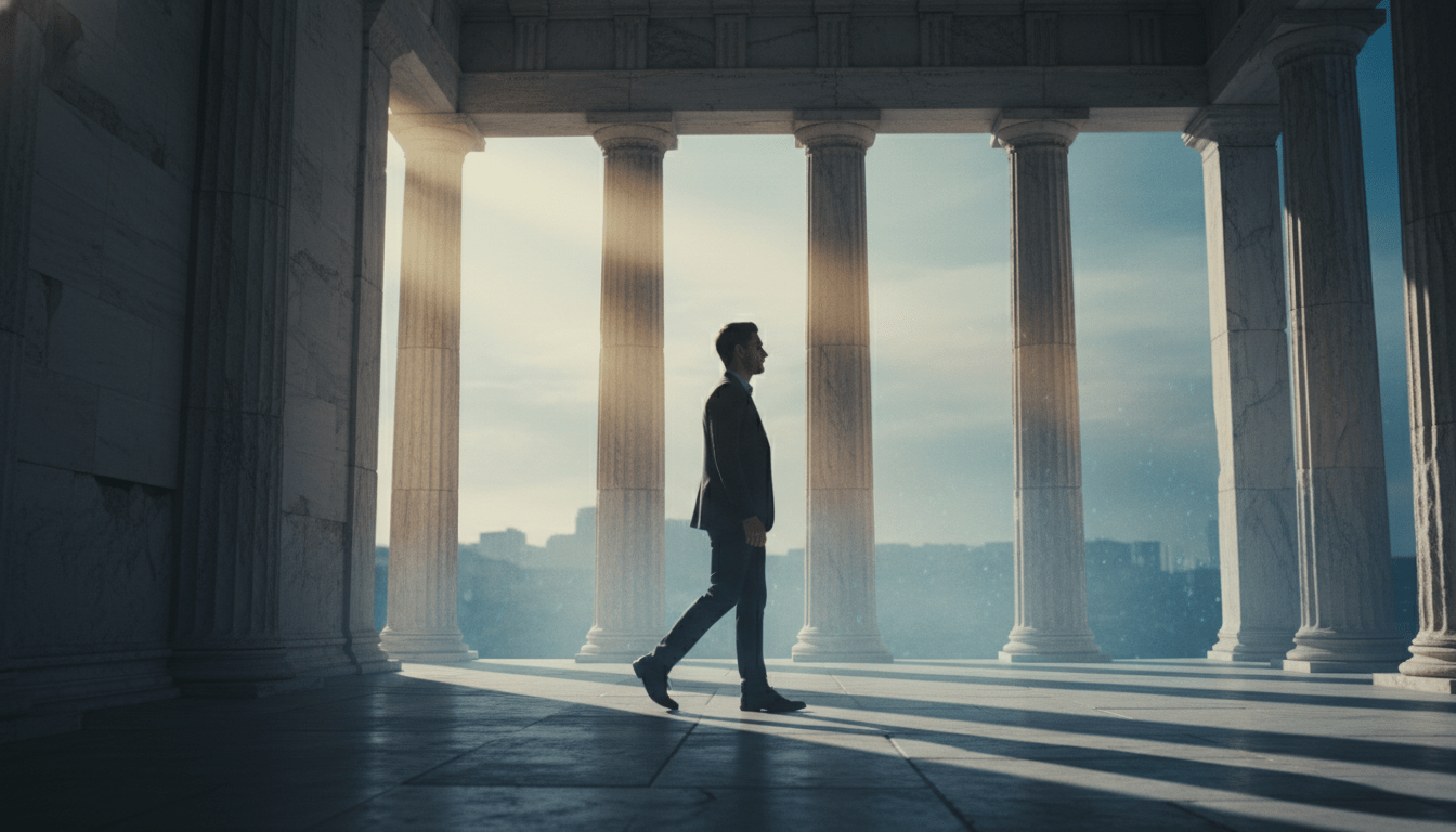 Representación visual del estoicismo y la dicotomía del control con un hombre sereno entre columnas griegas clásicas y luces modernas.