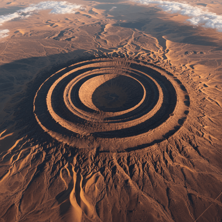Vista aérea de la Estructura de Richat o el Ojo del Sahara en Mauritania, resaltando sus anillos concéntricos geológicos.