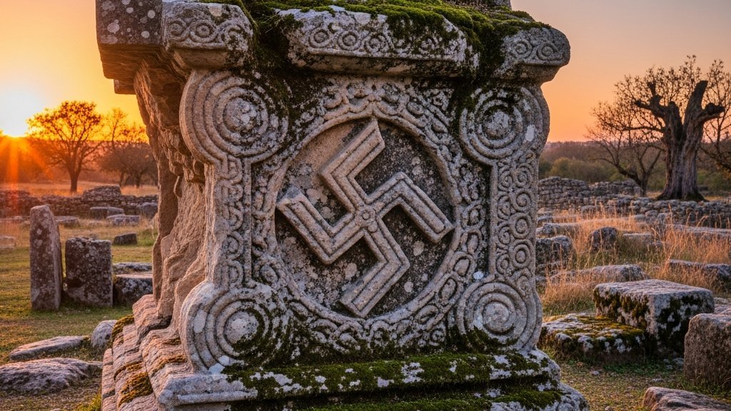 Esvástica antigua tallada en piedra erosionada, símbolo histórico y cultural milenario, contexto arqueológico.