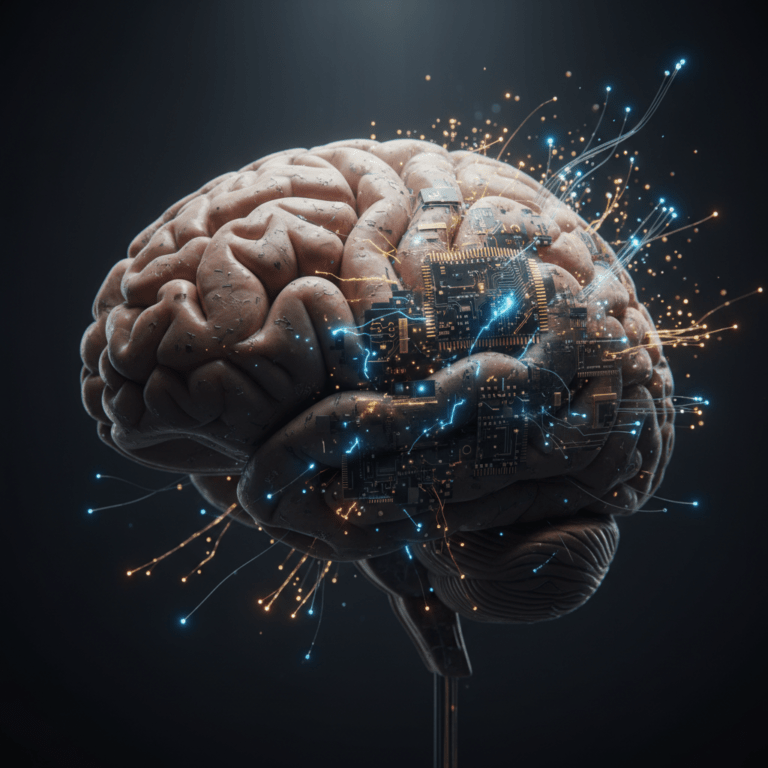 Representación conceptual de la conciencia digital y el conectoma humano fusionando neuronas con circuitos electrónicos de alta tecnología.