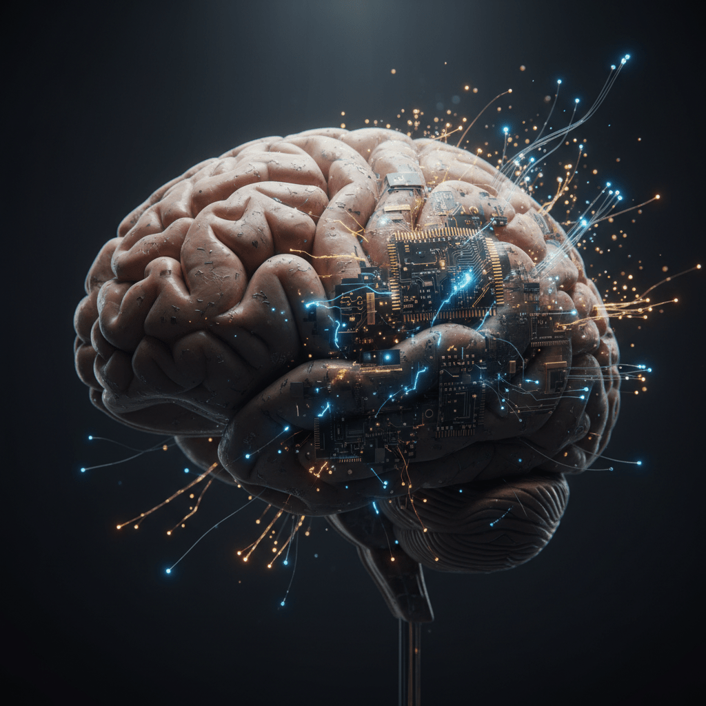 Representación conceptual de la conciencia digital y el conectoma humano fusionando neuronas con circuitos electrónicos de alta tecnología.