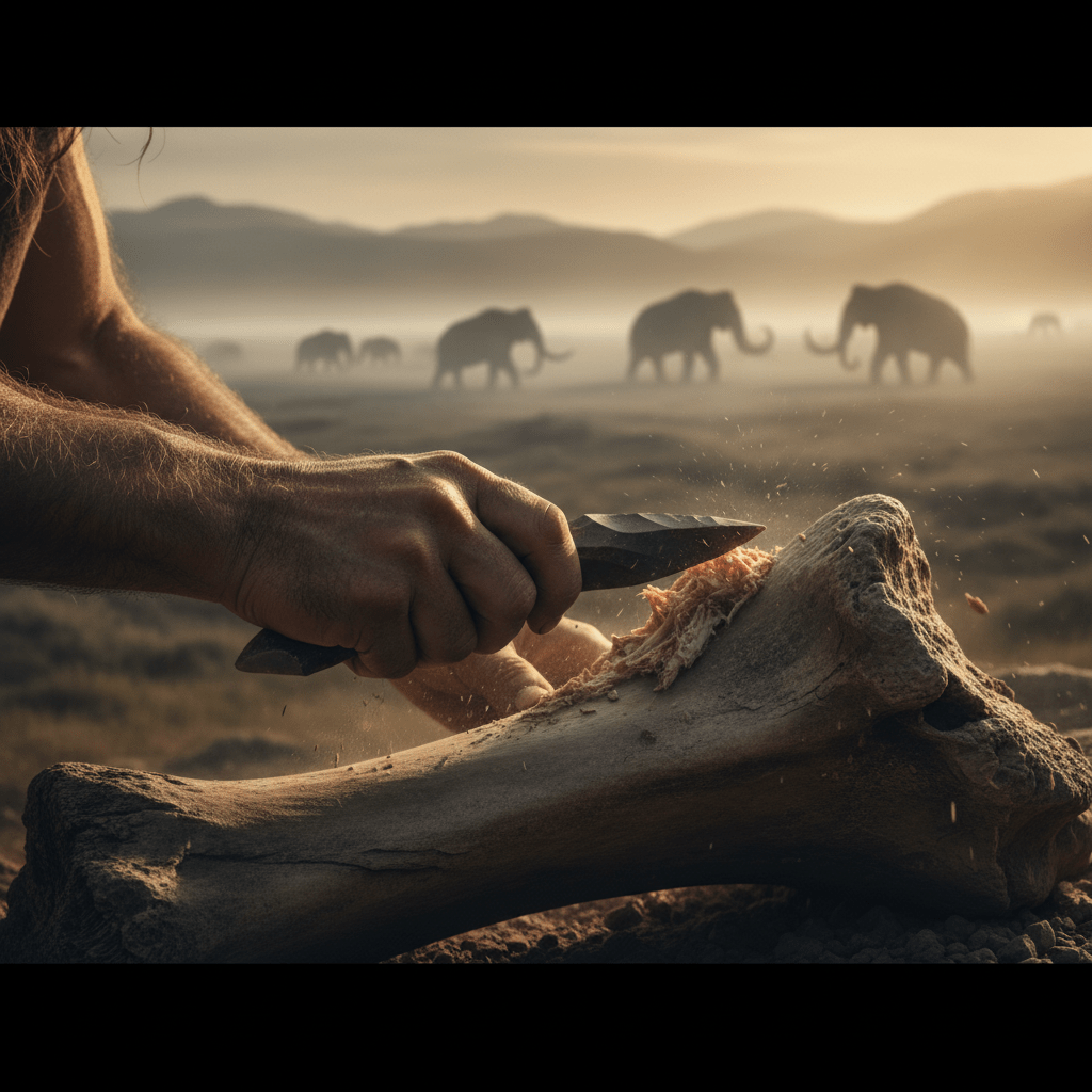 Primer plano de herramientas de piedra ancestrales procesando huesos de mastodonte en la América prehistórica.