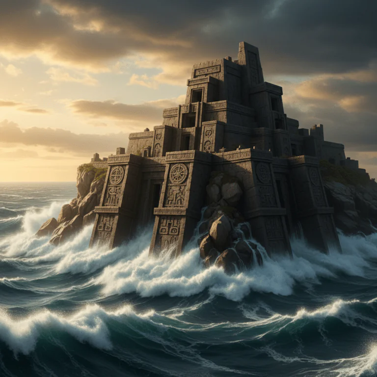 Estructuras megalíticas de una civilización antigua sumergiéndose por el ascenso del nivel del mar durante el Dryas Reciente.