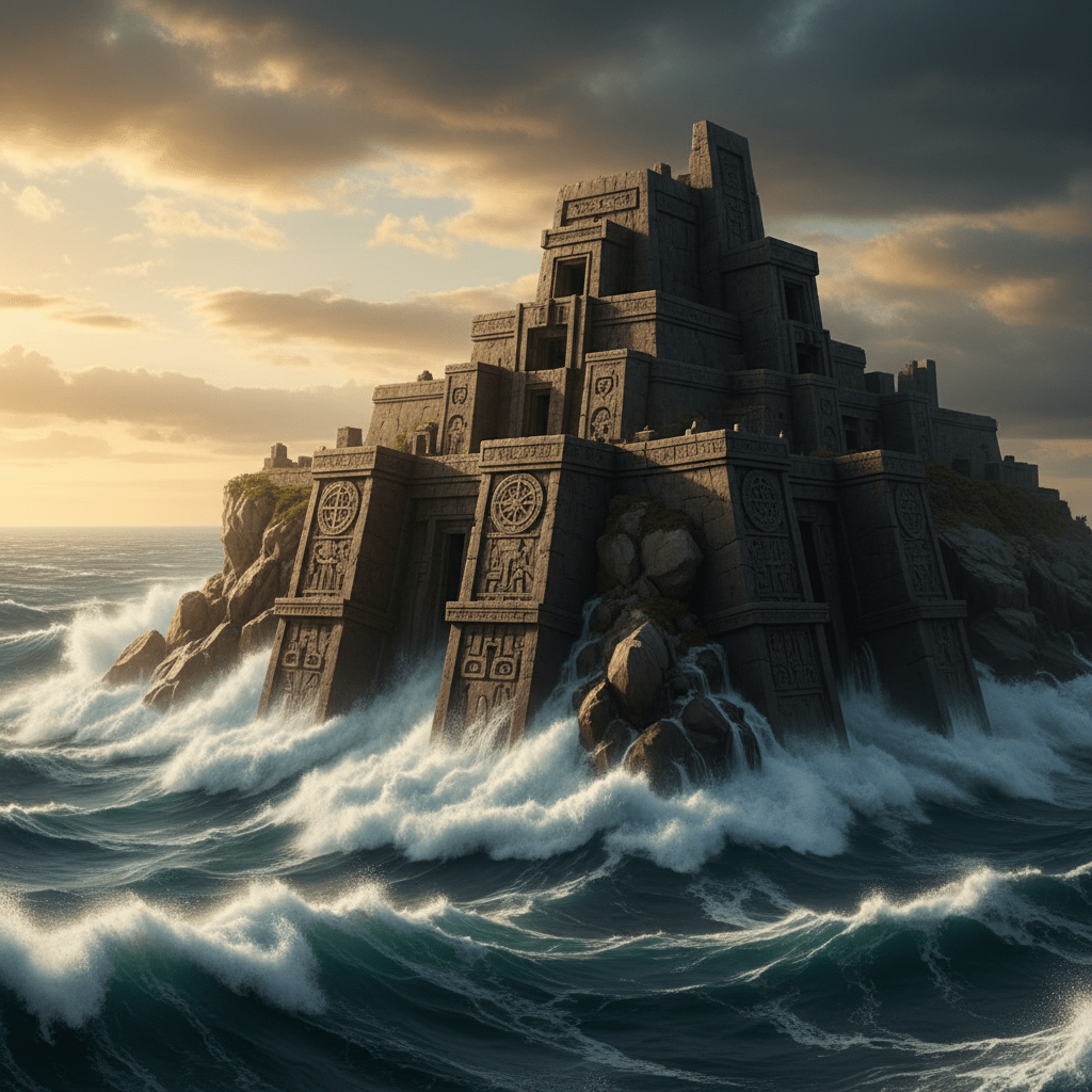 Estructuras megalíticas de una civilización antigua sumergiéndose por el ascenso del nivel del mar durante el Dryas Reciente.