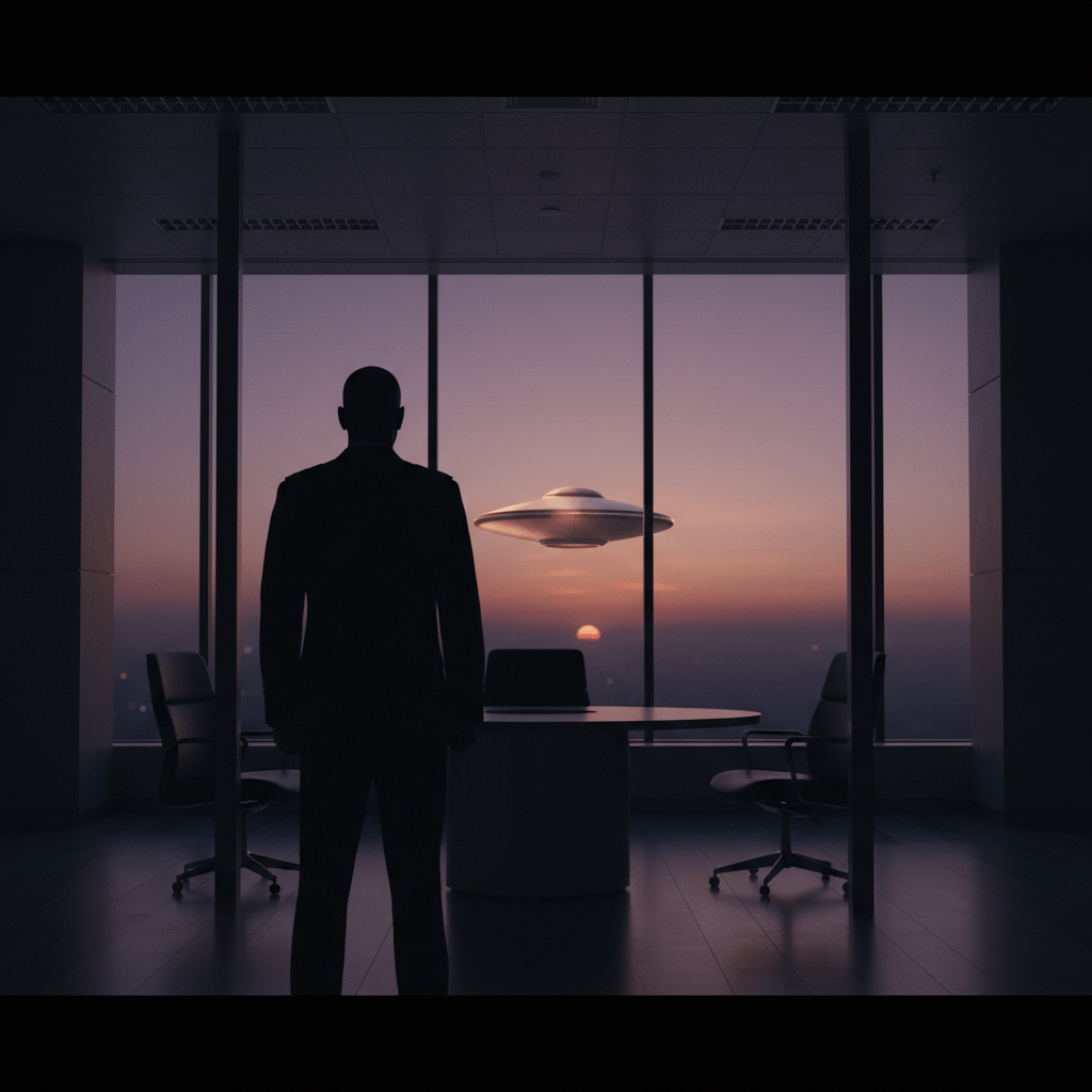 Silueta de militar observando un objeto volador no identificado metálico desde una oficina gubernamental de alta seguridad.