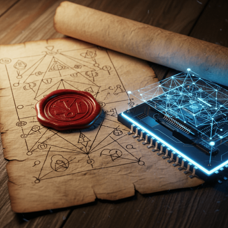 Composición visual que une manuscritos antiguos y tecnología criptográfica moderna representando la evolución de las sociedades secretas.