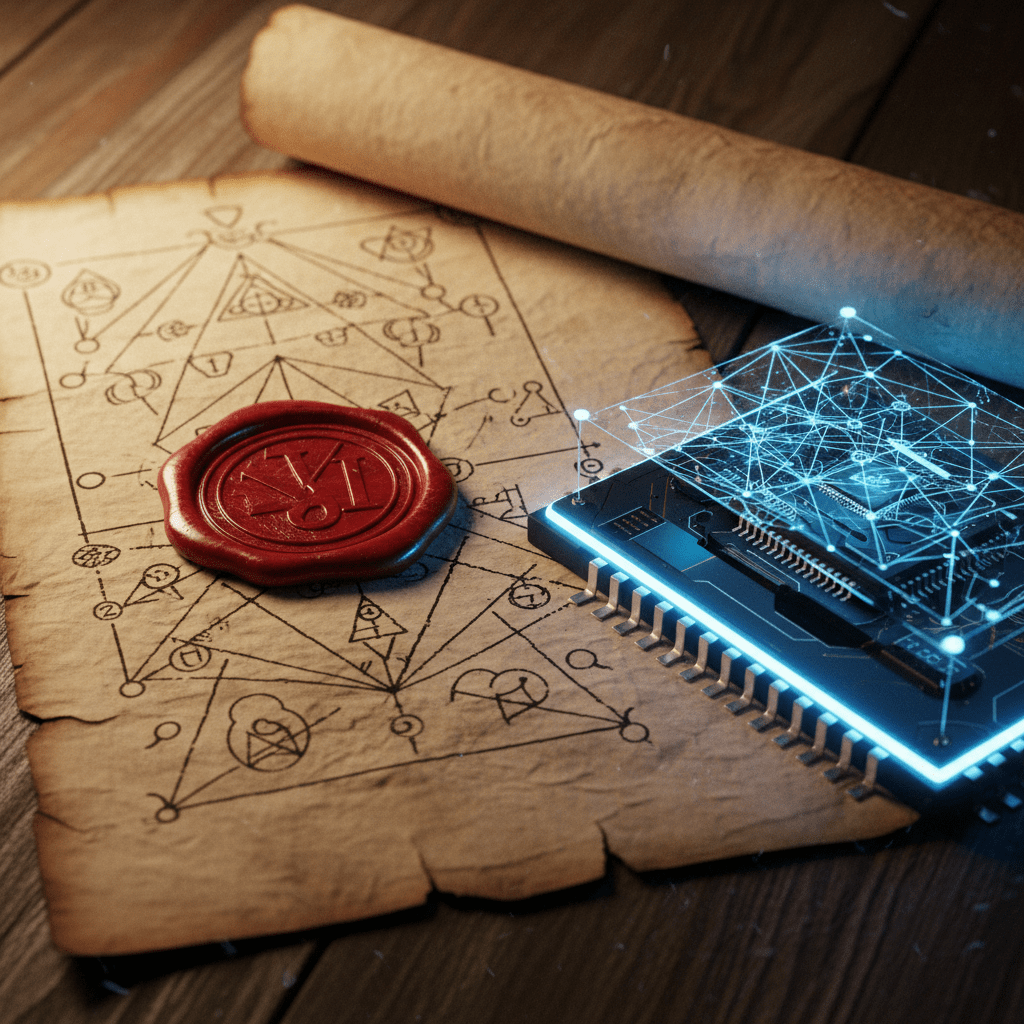 Composición visual que une manuscritos antiguos y tecnología criptográfica moderna representando la evolución de las sociedades secretas.