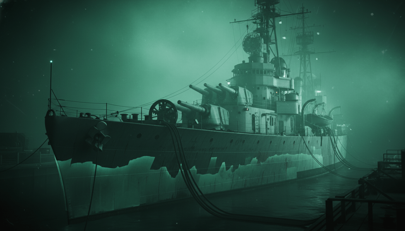 Recreación histórica del Experimento Filadelfia con el USS Eldridge envuelto en neblina electromagnética verde en 1943.