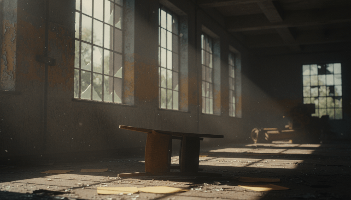 Habitación abandonada con luz natural filtrada, paredes con pintura desconchada y escombros, representando la arqueología contemporánea y el urbex.
