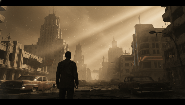 Paisaje post-apocalíptico inspirado en Fallout con arquitectura retro-futurista de los años 50 y ruinas industriales