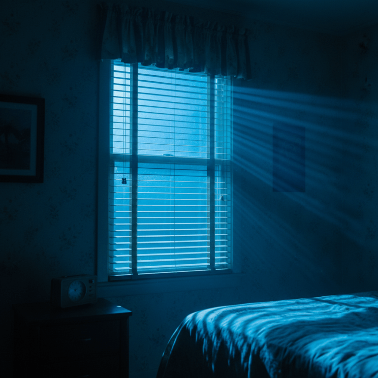 Representación cinematográfica de un encuentro cercano en un dormitorio rural de los años 80, inspirado en el libro Intrusos de Budd Hopkins.