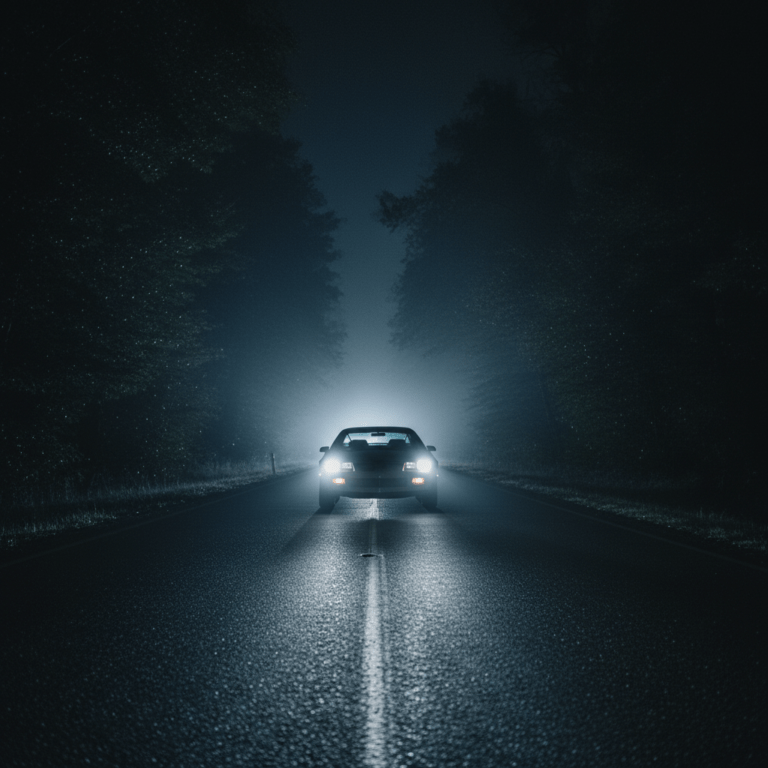 Carretera secundaria nocturna solitaria iluminada por faros, representando el fenómeno de tiempo perdido de Budd Hopkins.