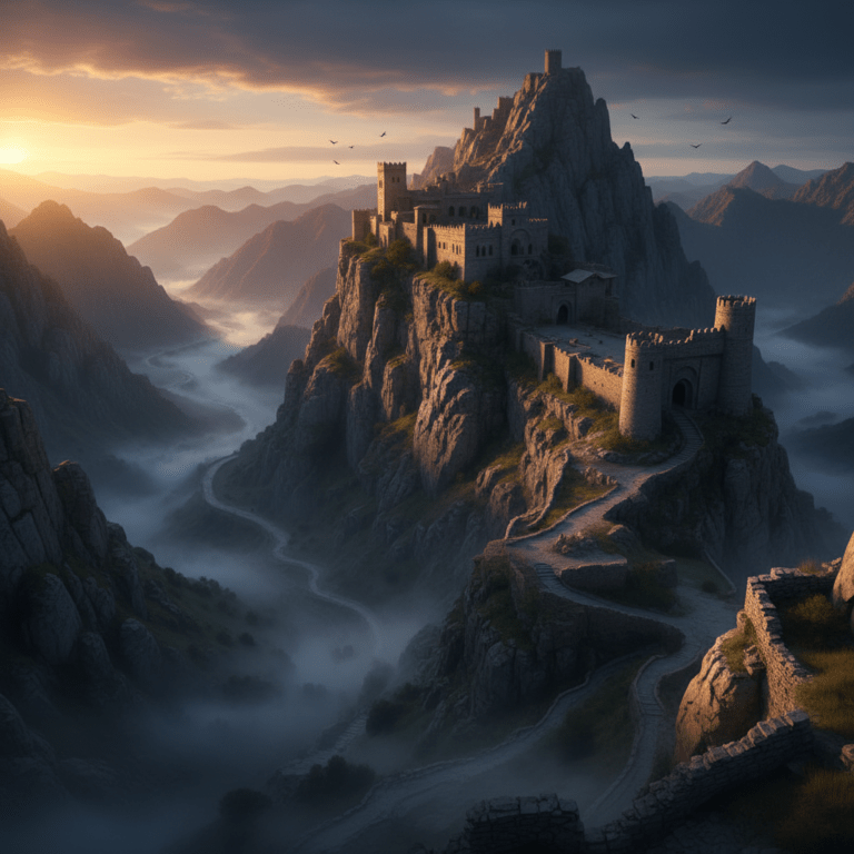 Vista panorámica de la fortaleza de Alamut en las montañas de Persia, sede histórica de la Orden de los Asesinos y Hassan-i Sabbah.