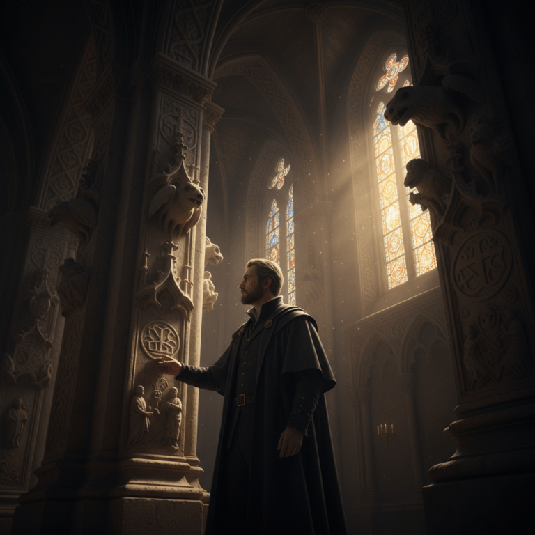 Interior de una catedral gótica con iluminación mística y relieves herméticos inspirados en la obra de Fulcanelli