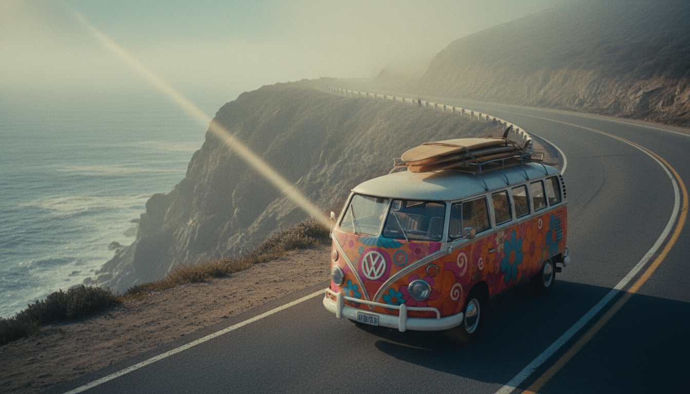 Furgoneta Volkswagen Kombi de 1967 con tablas de surf en una carretera costera al atardecer, estilo hippie y psicodélico