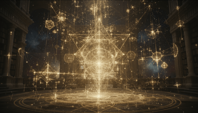 Ilustración mística de geometría sagrada y flujos de luz dorada representando la conexión entre números y la creación del universo.