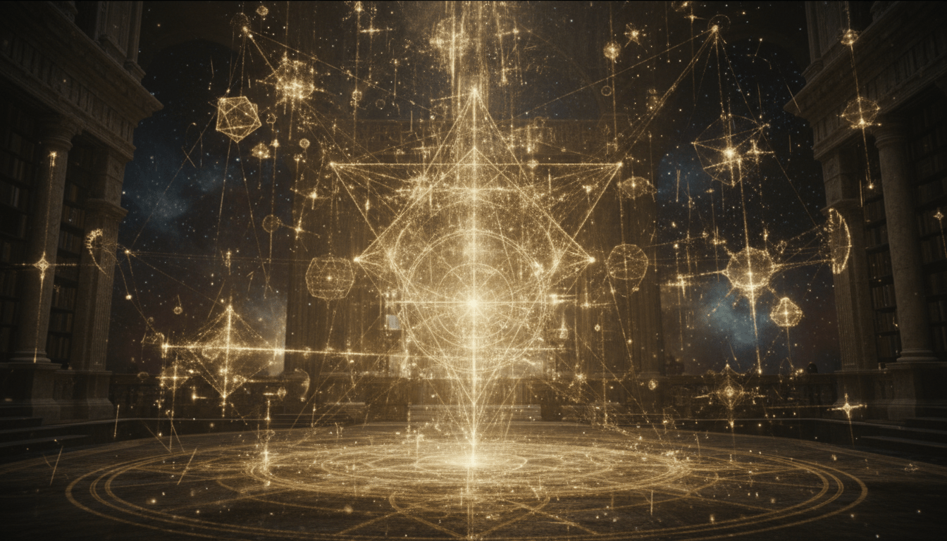 Ilustración mística de geometría sagrada y flujos de luz dorada representando la conexión entre números y la creación del universo.