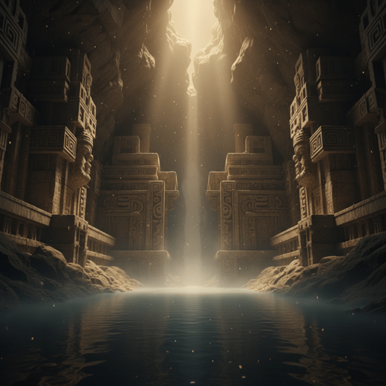 Representación artística y cinematográfica del inframundo ancestral con arquitectura antigua y un río místico subterráneo.