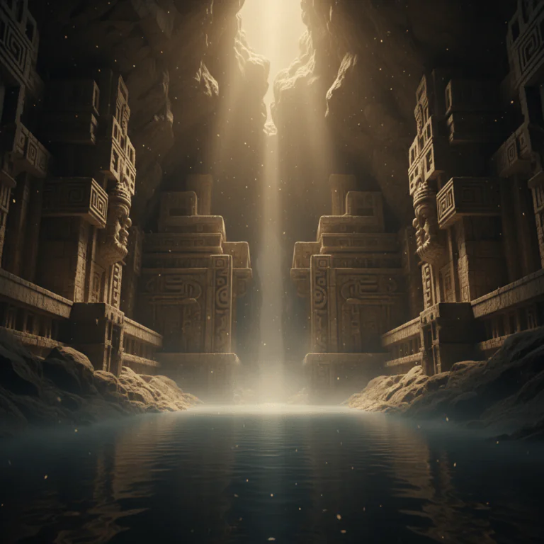 Representación artística y cinematográfica del inframundo ancestral con arquitectura antigua y un río místico subterráneo.