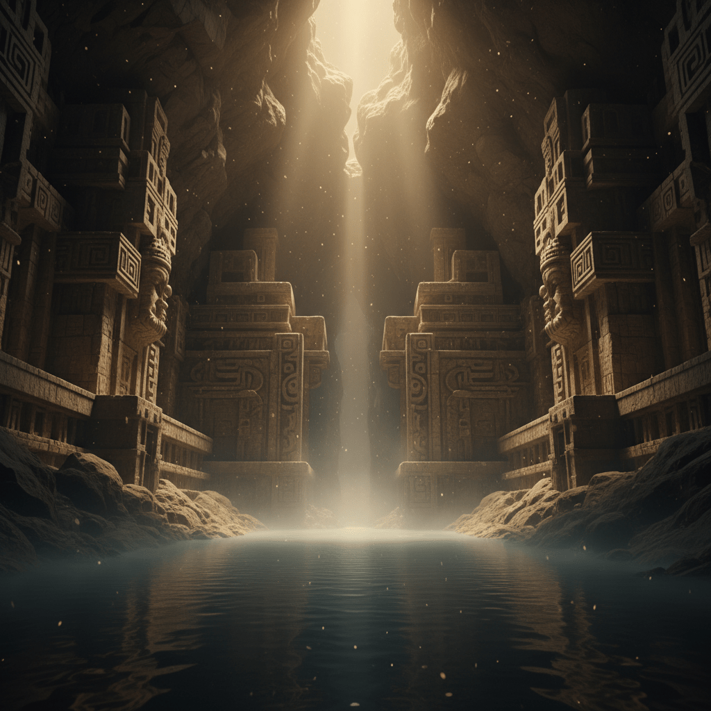Representación artística y cinematográfica del inframundo ancestral con arquitectura antigua y un río místico subterráneo.