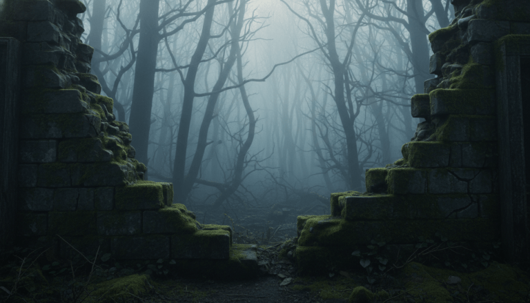 Paisaje sombrío de ruinas antiguas y bosque neblinoso representando la geografía del espanto y la memoria de lugares con energía residual.