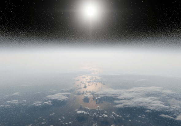 Representación conceptual de geoingeniería climática mediante la inyección de aerosoles en la estratosfera para reflejar la luz solar.