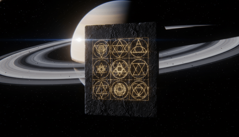 Representación artística de la geometría sagrada y el cuadrado mágico de Saturno en el espacio profundo frente al planeta planetario.