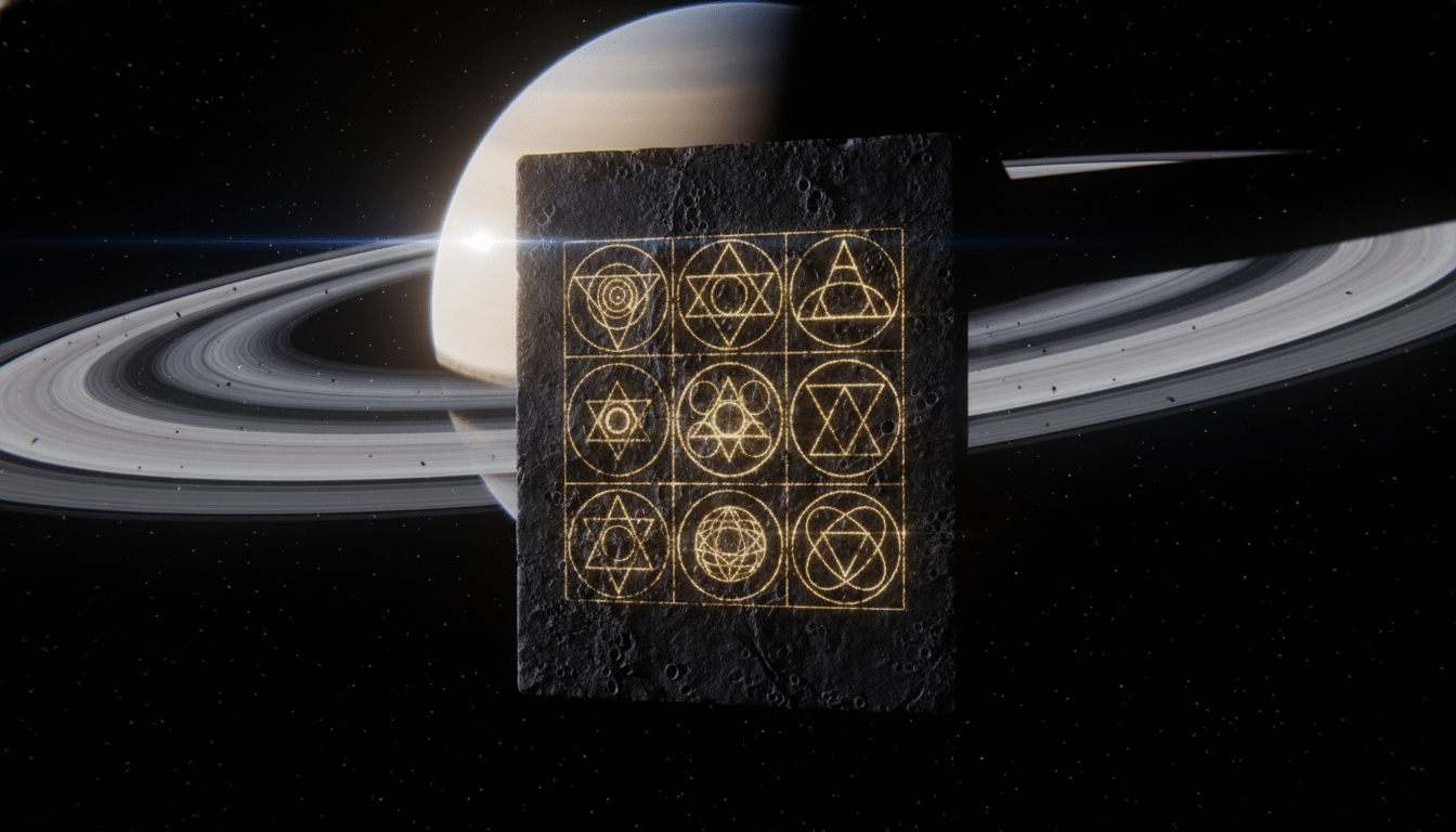 Representación artística de la geometría sagrada y el cuadrado mágico de Saturno en el espacio profundo frente al planeta planetario.