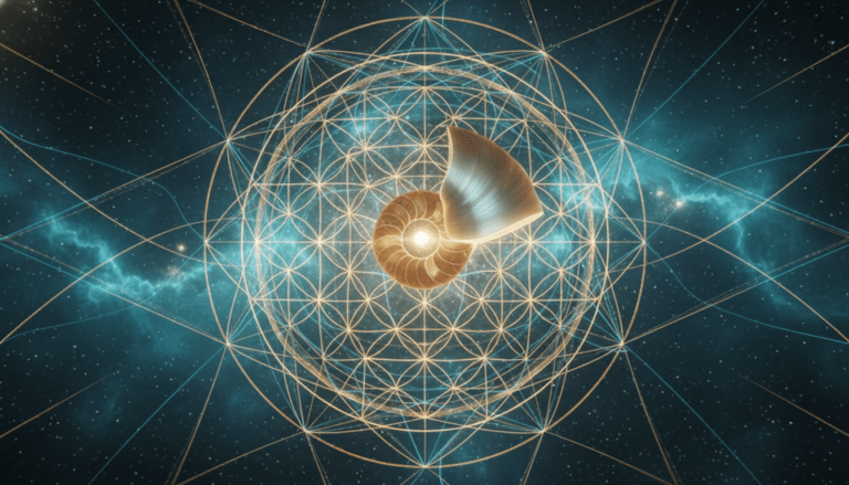 Ilustración de la Flor de la Vida y geometría sagrada representando el código de la creación en el universo cósmico