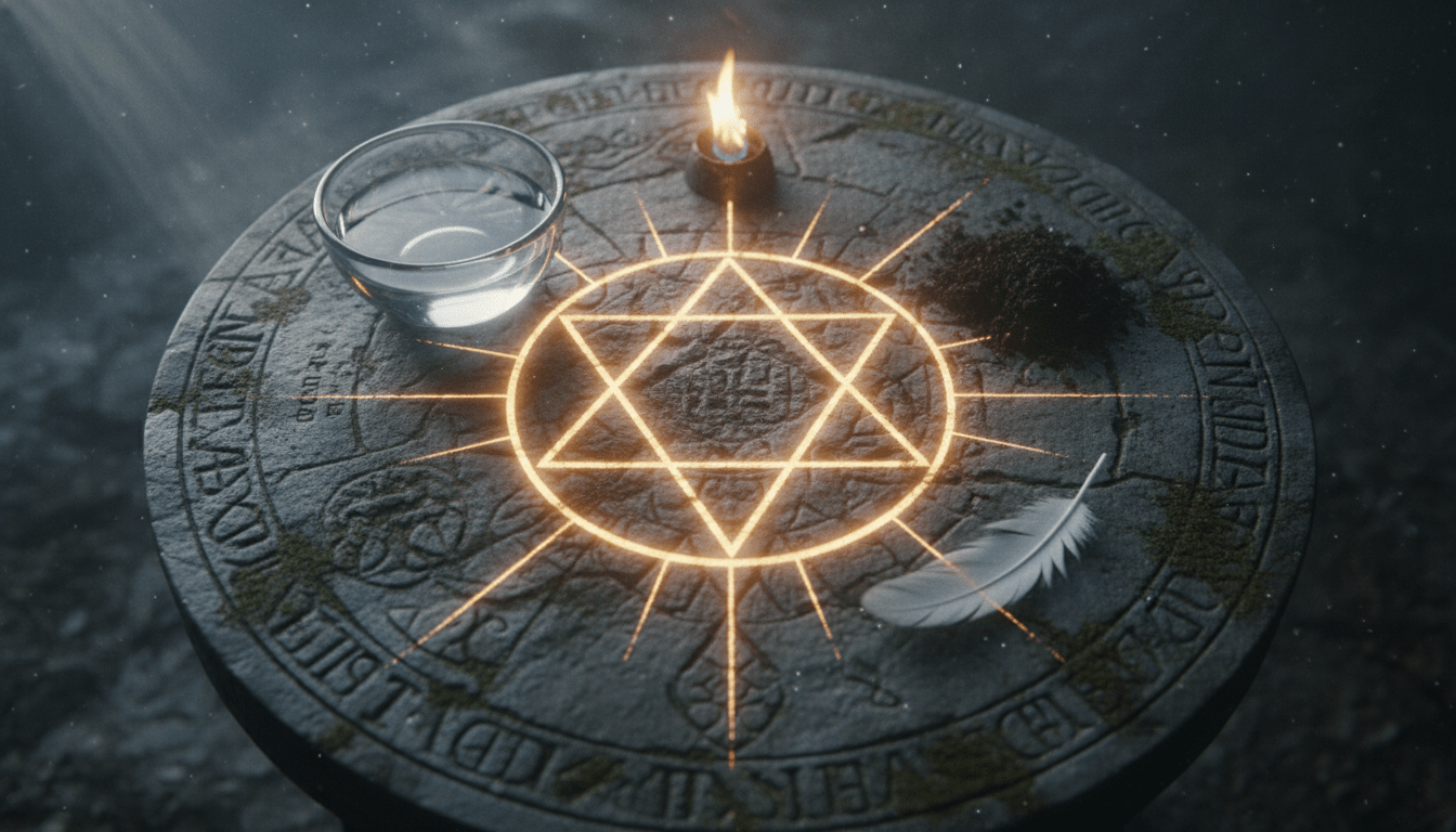 Representación de la geometría sagrada del pentagrama equilibrando los cuatro elementos naturales sobre piedra antigua.