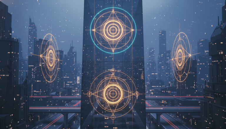 Representación visual de la geometría sagrada y la psicología del diseño abstracto en el entorno corporativo moderno.