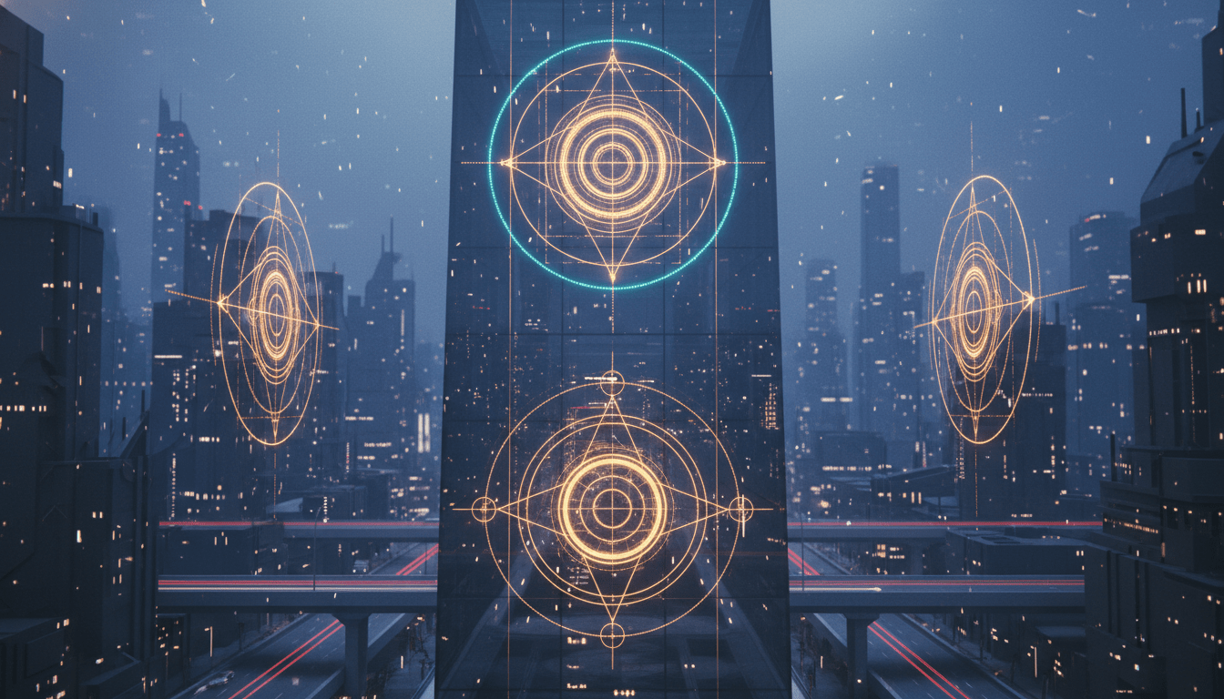 Representación visual de la geometría sagrada y la psicología del diseño abstracto en el entorno corporativo moderno.