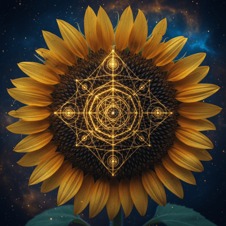 Representación artística de la proporción áurea en un girasol integrándose con una matriz geométrica universal en el espacio.