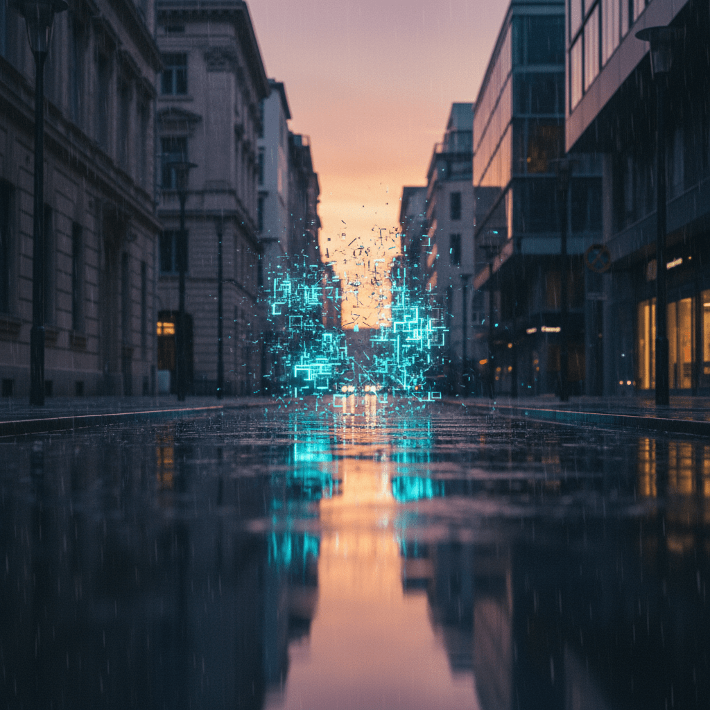 Representación artística de un glitch en la realidad mostrando una falla digital en una calle urbana, concepto de la hipótesis de la simulación.