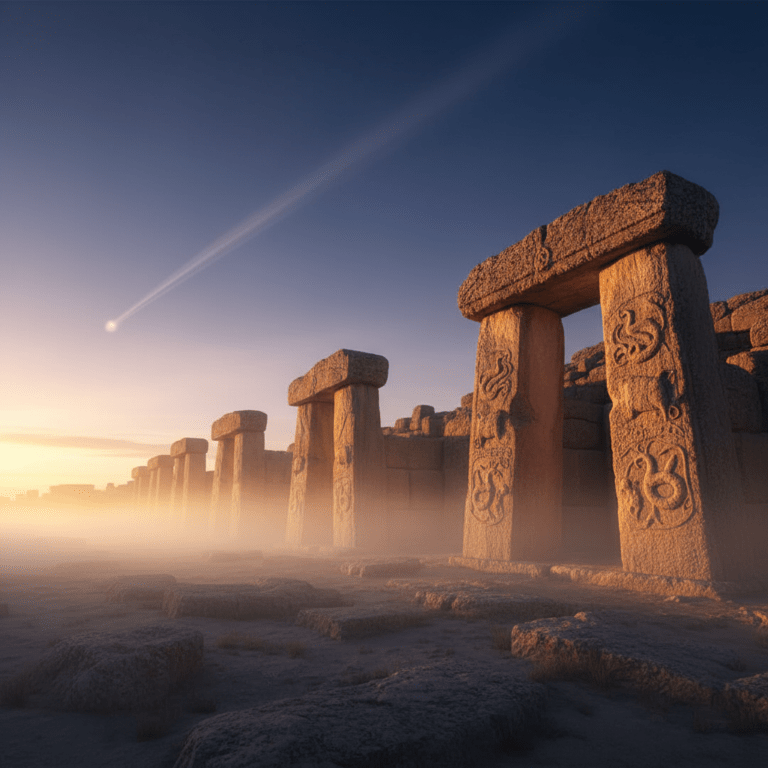 Pilares megalíticos de Göbekli Tepe con relieves antiguos bajo un cielo crepuscular dramático.