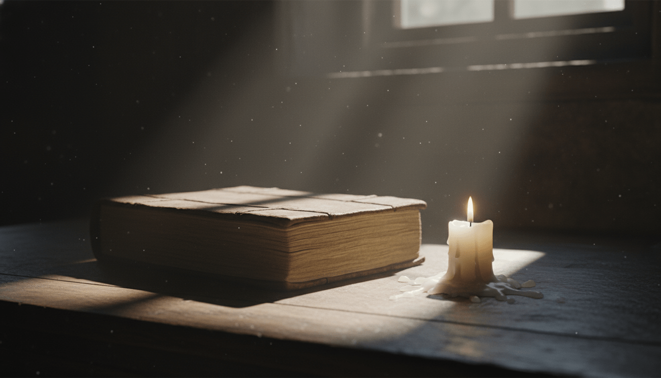 Antiguo libro de cuero del sistema de magia sagrada de Abramelin el Mago en una habitación oscura con iluminación mística