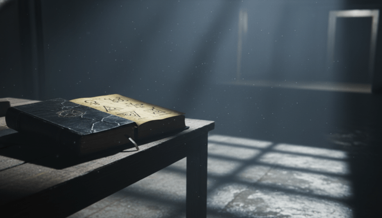 Grimorio antiguo sobre mesa de madera en un sótano oscuro de Chicago años 80, simbolizando el misterio de los Chicago Rippers.