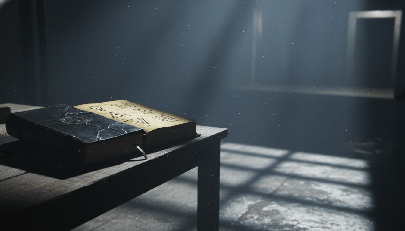 Grimorio antiguo sobre mesa de madera en un sótano oscuro de Chicago años 80, simbolizando el misterio de los Chicago Rippers.