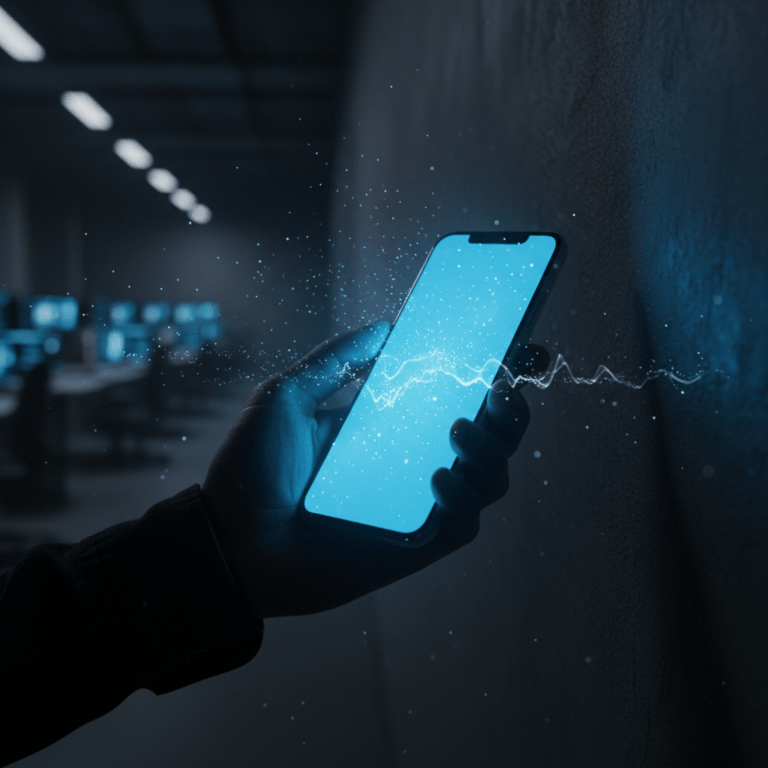 Primer plano de un smartphone emitiendo luz azul digital en una oficina oscura de granja de trolls, simbolizando la guerra híbrida y la manipulación cognitiva.