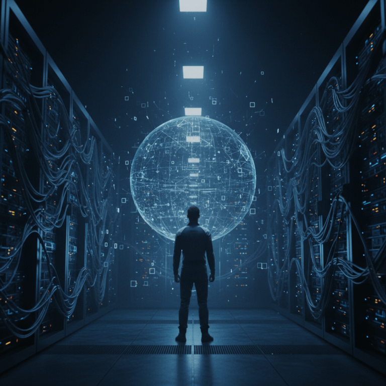 Representación conceptual del control de la información y los Patriots de Metal Gear Solid en un entorno digital futurista.